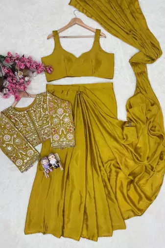 Mehendi ready to wear chinon silk lehenga saree with embroidered jacket