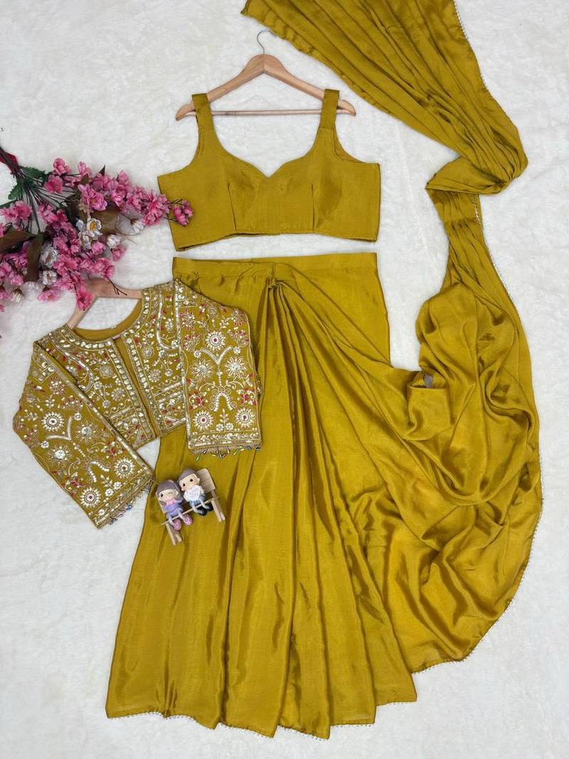 Mehendi ready to wear chinon silk lehenga saree with embroidered jacket