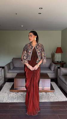 Wine ready to wear chinon silk lehenga saree with embroidered jacket 1
