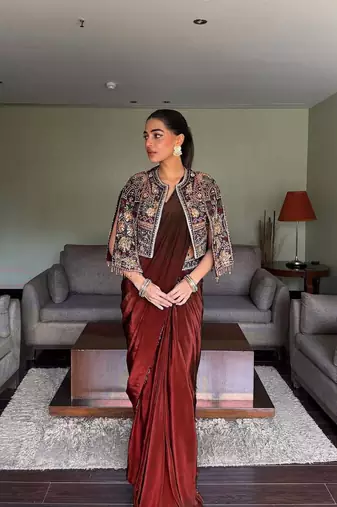 Wine ready to wear chinon silk lehenga saree with embroidered jacket