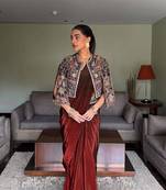 Wine ready to wear chinon silk lehenga saree with embroidered jacket