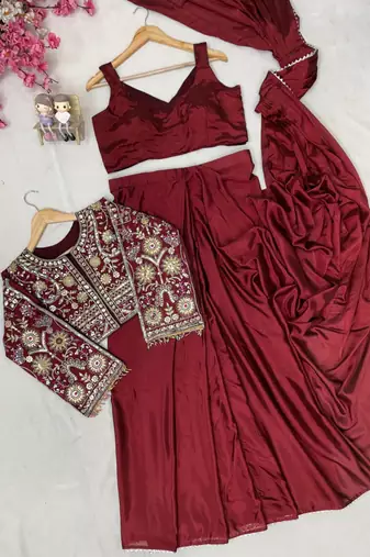 Wine ready to wear chinon silk lehenga saree with embroidered jacket