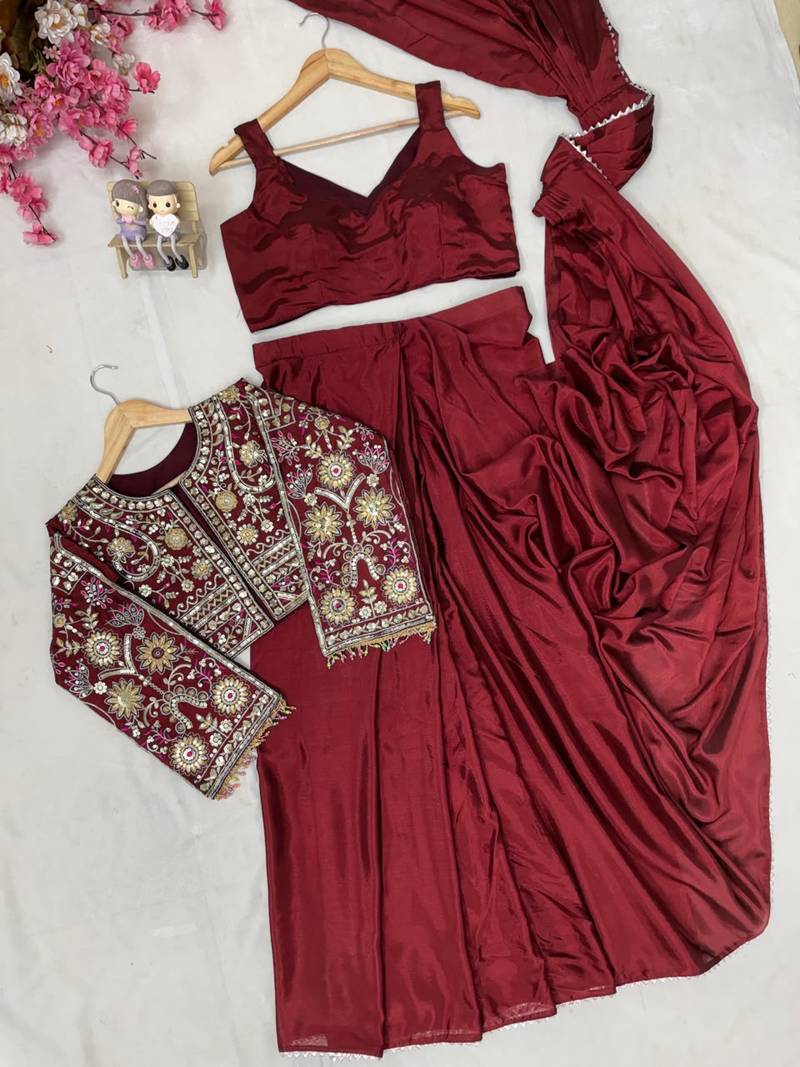 Wine ready to wear chinon silk lehenga saree with embroidered jacket