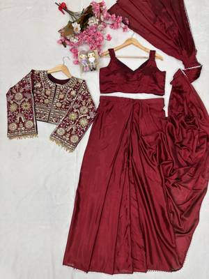 Wine ready to wear chinon silk lehenga saree with embroidered jacket 3