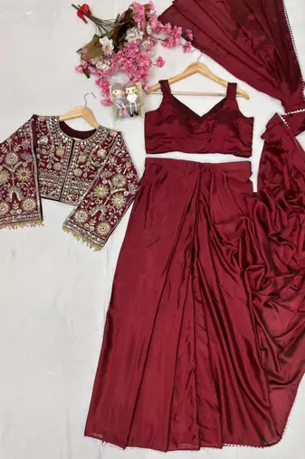 Wine ready to wear chinon silk lehenga saree with embroidered jacket