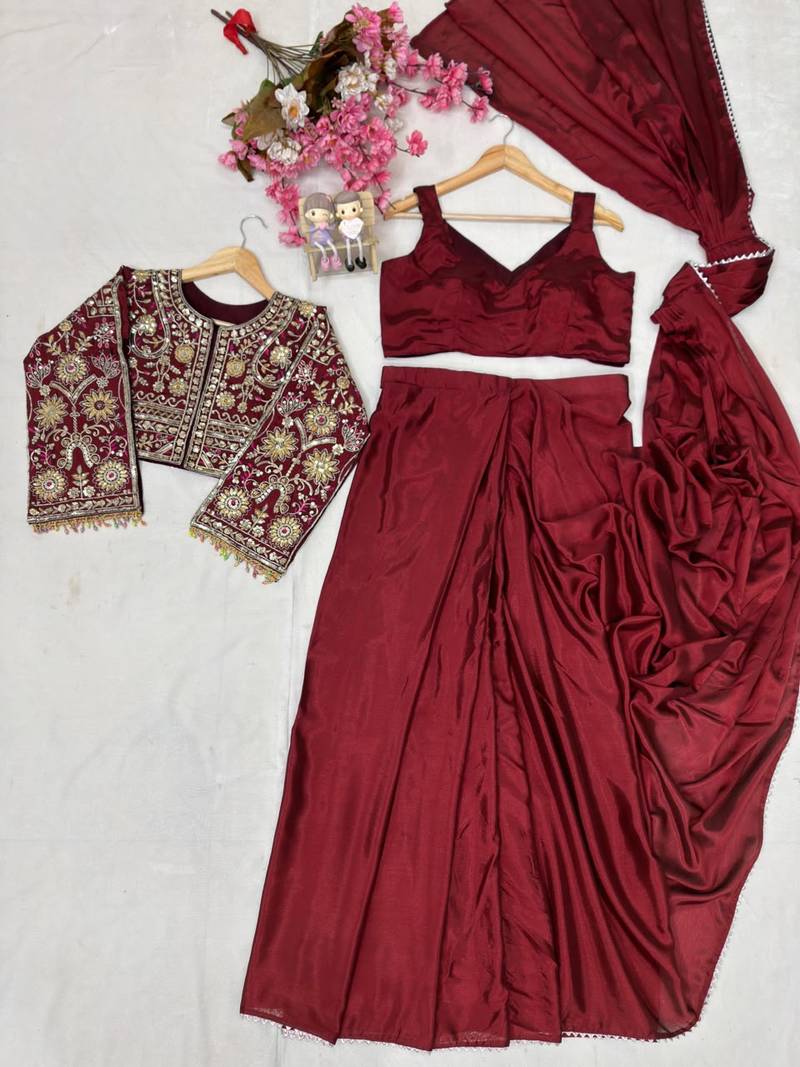 Wine ready to wear chinon silk lehenga saree with embroidered jacket