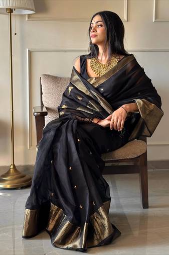 Black color art silk blend sarees with blouse