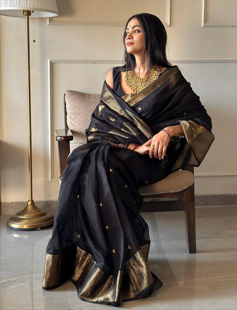 Black color art silk blend sarees with blouse