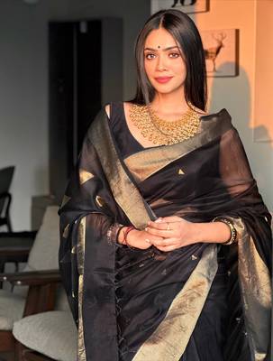 Black color art silk blend sarees with blouse 5