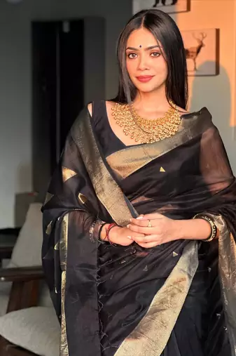 Black color art silk blend sarees with blouse