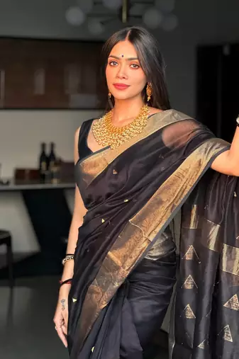 Black color art silk blend sarees with blouse