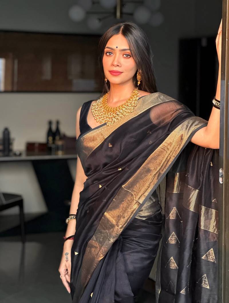 Black color art silk blend sarees with blouse