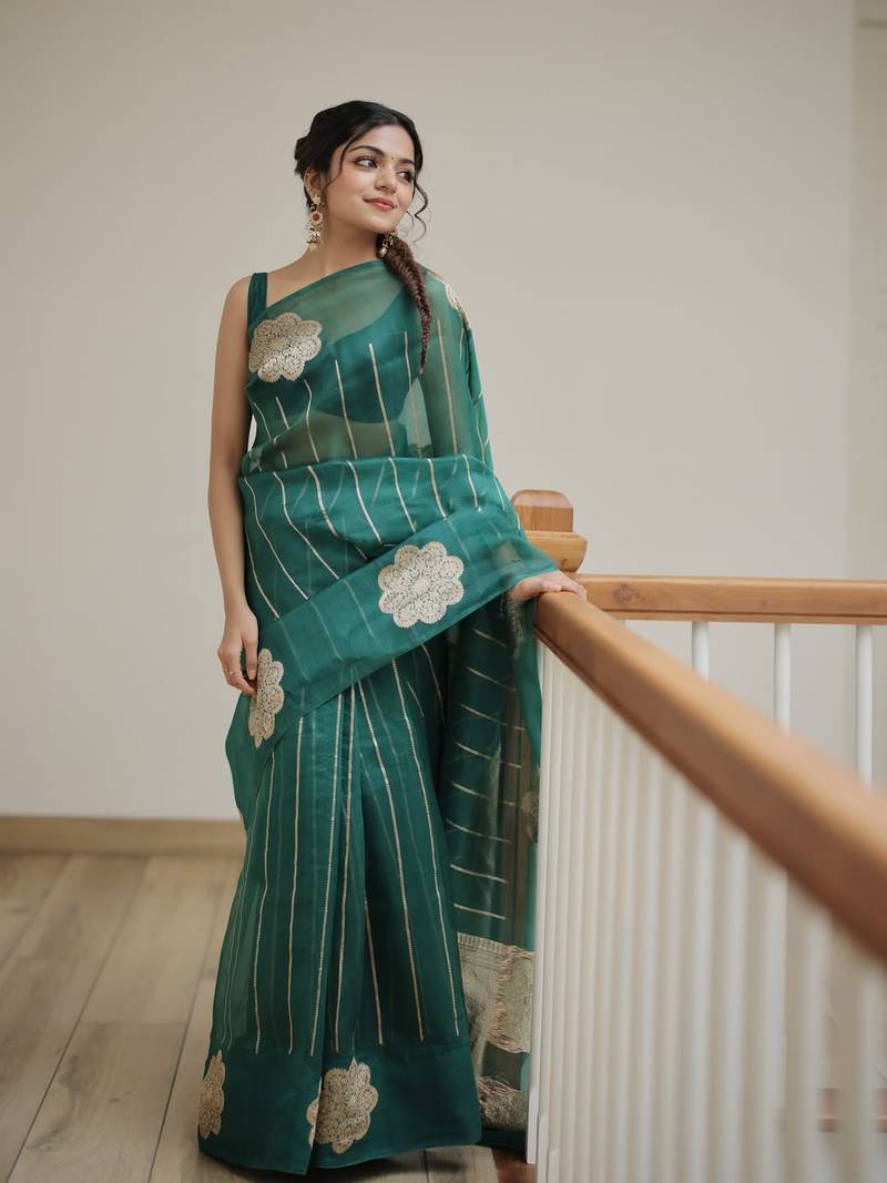 Green color art silk blend sarees with blouse