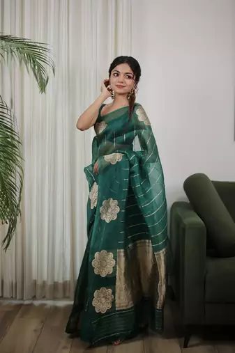 Green color art silk blend sarees with blouse
