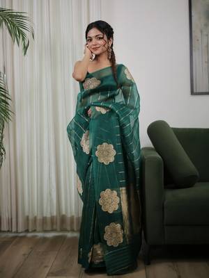 Green color art silk blend sarees with blouse 4