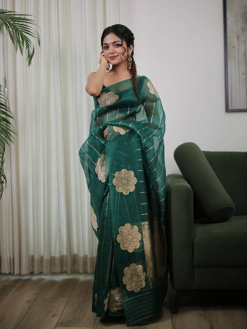 Green color art silk blend sarees with blouse