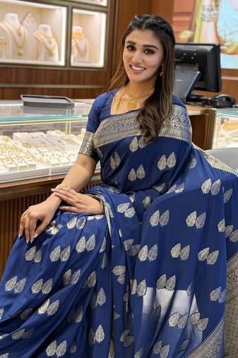 Blue color art silk blend sarees with blouse