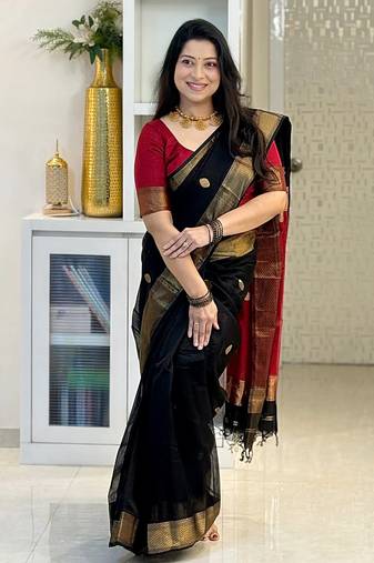 Black Red color Cotton silk blend sarees with blouse