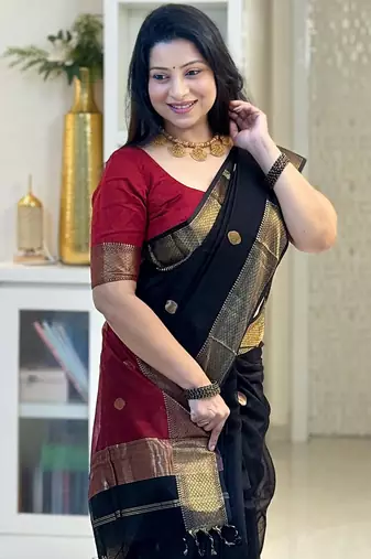 Black Red color Cotton silk blend sarees with blouse