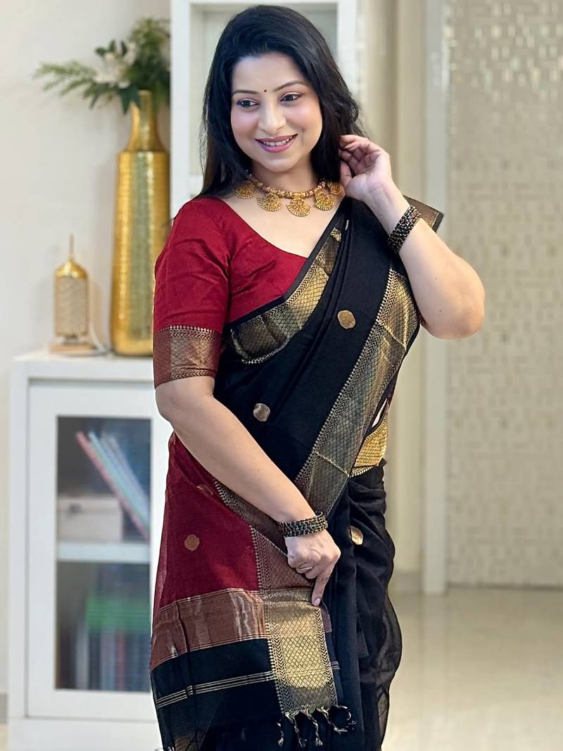 Black Red color Cotton silk blend sarees with blouse