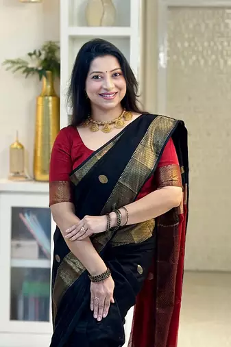 Black Red color Cotton silk blend sarees with blouse