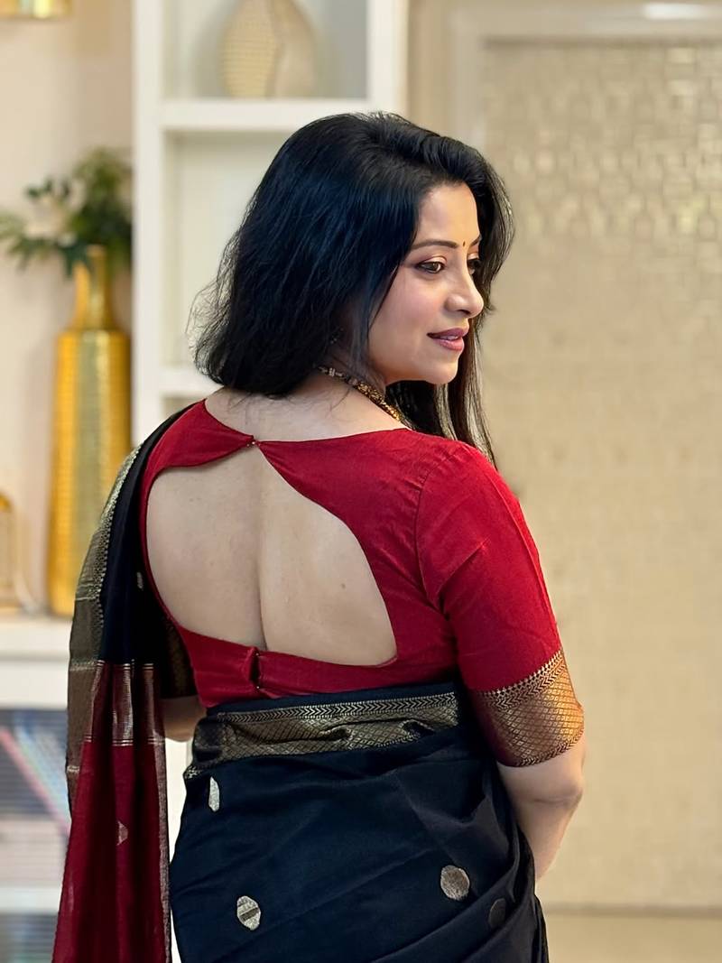 Black Red color Cotton silk blend sarees with blouse