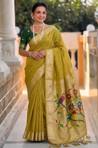 soft pure muga cotton  saree with meenakari  weaving  motifs and contrast blouse