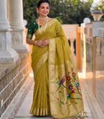 soft pure muga cotton  saree with meenakari  weaving  motifs and contrast blouse