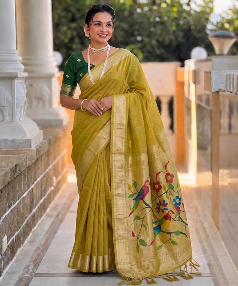 soft pure muga cotton  saree with meenakari  weaving  motifs and contrast blouse