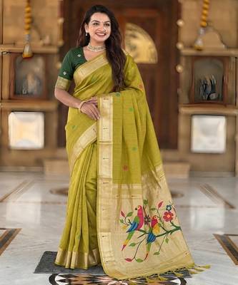 soft pure muga cotton  saree with meenakari  weaving  motifs and contrast blouse 2