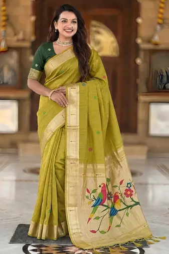 soft pure muga cotton  saree with meenakari  weaving  motifs and contrast blouse