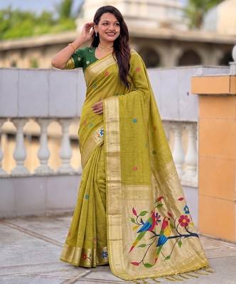 soft pure muga cotton  saree with meenakari  weaving  motifs and contrast blouse 3