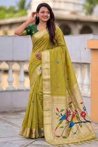 soft pure muga cotton  saree with meenakari  weaving  motifs and contrast blouse