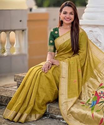 soft pure muga cotton  saree with meenakari  weaving  motifs and contrast blouse 4