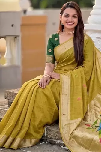 soft pure muga cotton  saree with meenakari  weaving  motifs and contrast blouse