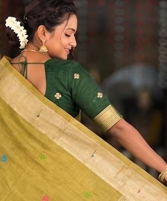 soft pure muga cotton  saree with meenakari  weaving  motifs and contrast blouse 5
