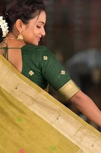 soft pure muga cotton  saree with meenakari  weaving  motifs and contrast blouse