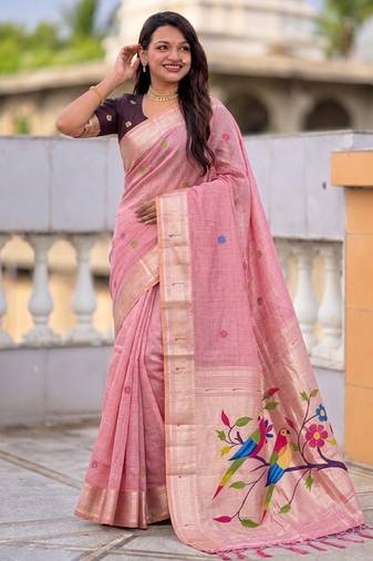 soft pure muga cotton  saree with meenakari  weaving  motifs and contrast blouse