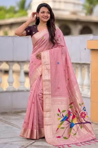 soft pure muga cotton  saree with meenakari  weaving  motifs and contrast blouse