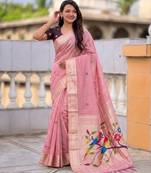 soft pure muga cotton  saree with meenakari  weaving  motifs and contrast blouse