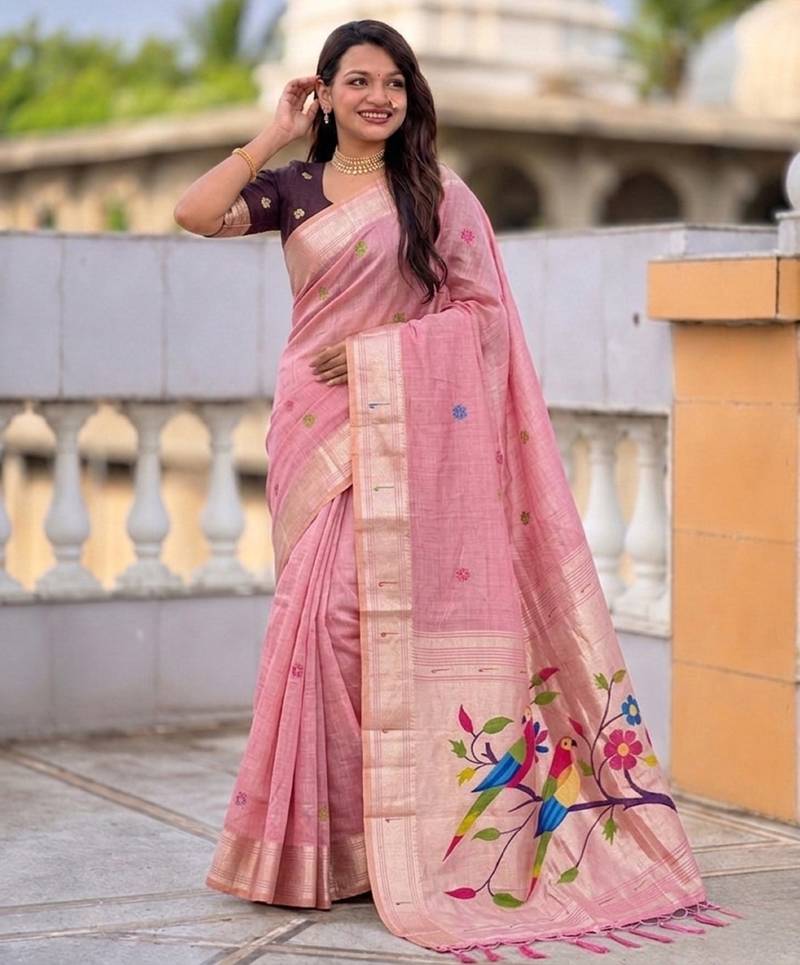 soft pure muga cotton  saree with meenakari  weaving  motifs and contrast blouse
