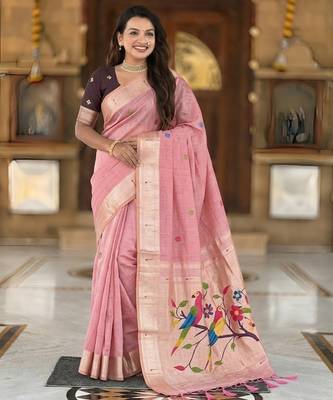 soft pure muga cotton  saree with meenakari  weaving  motifs and contrast blouse 2