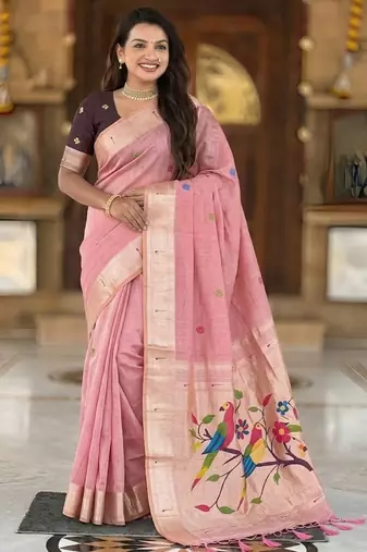 soft pure muga cotton  saree with meenakari  weaving  motifs and contrast blouse