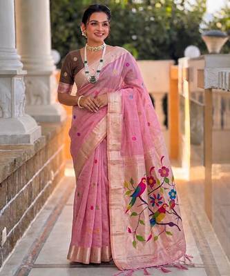 soft pure muga cotton  saree with meenakari  weaving  motifs and contrast blouse 3