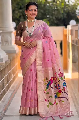 soft pure muga cotton  saree with meenakari  weaving  motifs and contrast blouse