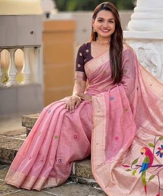 soft pure muga cotton  saree with meenakari  weaving  motifs and contrast blouse 4