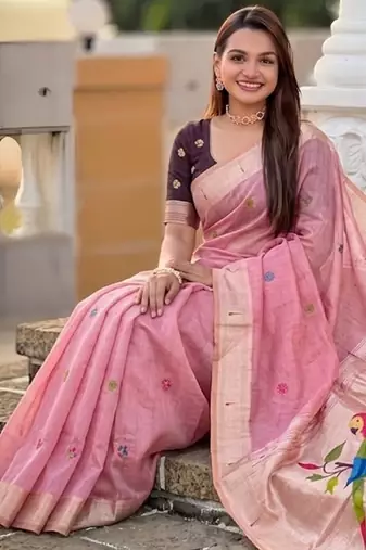 soft pure muga cotton  saree with meenakari  weaving  motifs and contrast blouse