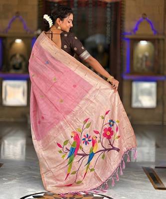 soft pure muga cotton  saree with meenakari  weaving  motifs and contrast blouse 5