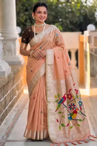 soft pure muga cotton  saree with meenakari  weaving  motifs and contrast blouse
