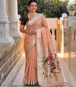 soft pure muga cotton  saree with meenakari  weaving  motifs and contrast blouse